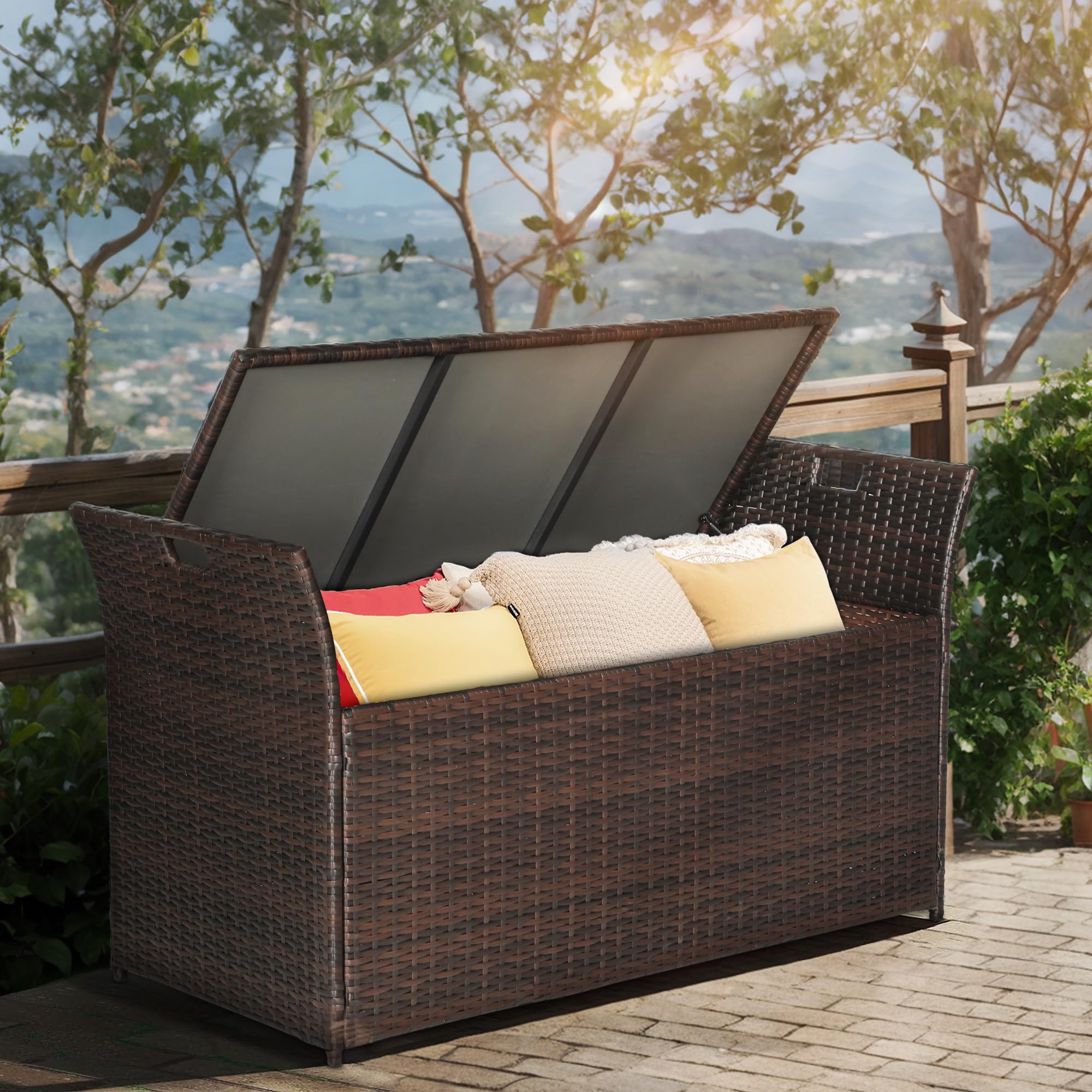 CrownLand 80 Gallon Outdoor Storage Bench with Cushion - Waterproof Wicker Patio Deck Box with Seat - Perfect for Garden, Balcony, Poolside & Backyard Furniture Storage (Brown)