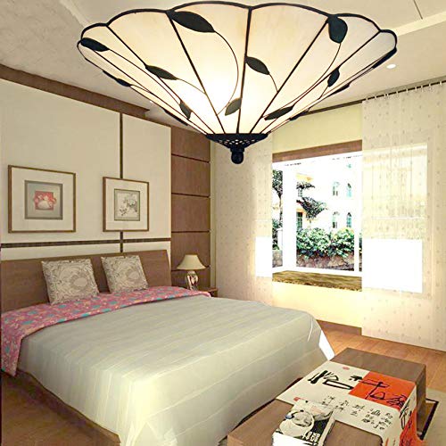 LITFAD 16-Inch Tiffany Style Flush Mount Ceiling Light - White Leaf-Themed Glass Lampshade for Bedroom, Living Room & Dining Room Lighting