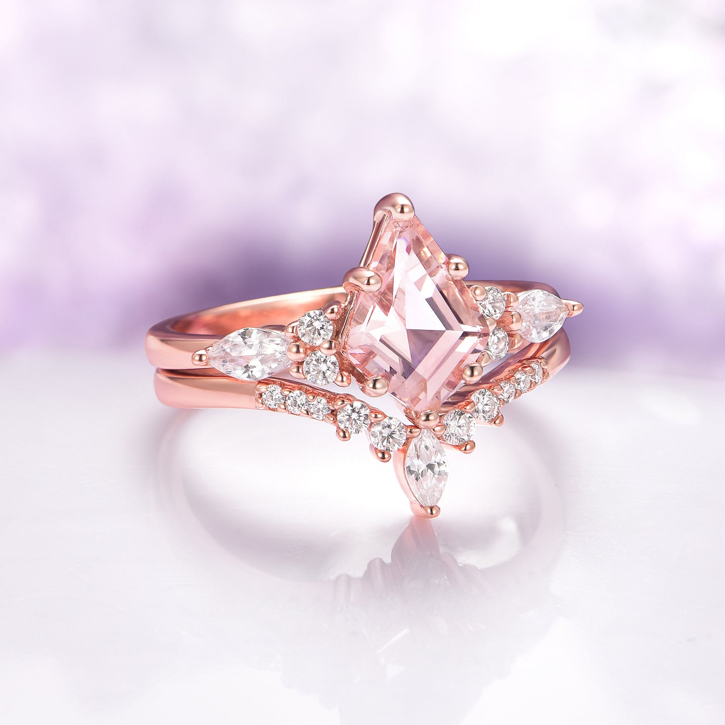 Skye Kite™ Morganite Engagement Ring Set - 14K Solid Rose Gold Wedding Band, Dainty Stackable Rings for Women, Perfect for Proposals, Anniversaries & Bridal Jewelry Gifts