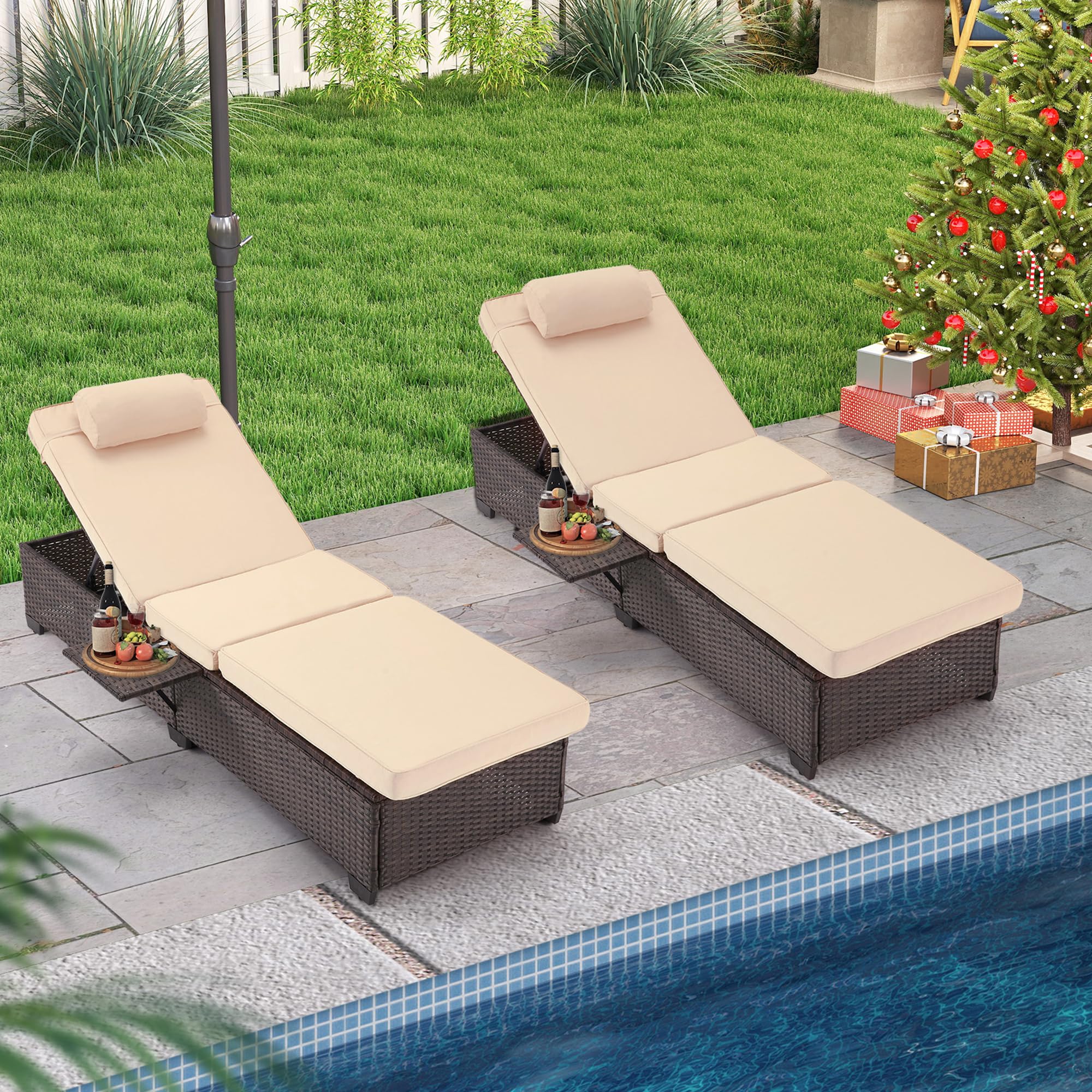HOMREST 2-Piece PE Wicker Patio Lounge Chair Set with Adjustable Headrest & Soft Cushions - 5 Reclining Positions, Storage Rack - Outdoor Chaise Lounge for Poolside, Backyard, Garden Relaxation (Khaki)