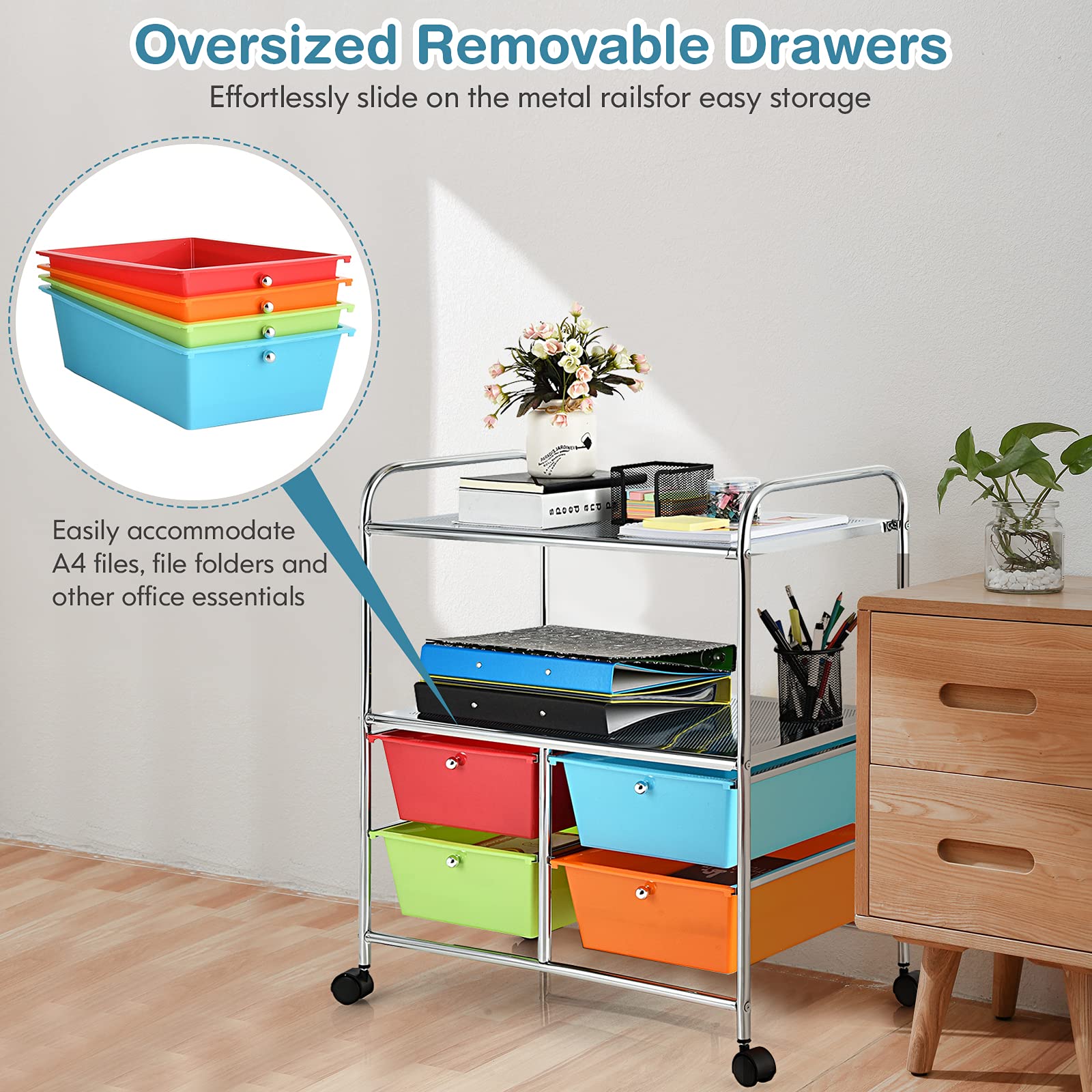 4-Drawer Rolling Cart with 2 Shelves - Mobile Storage Organizer for Home Office & Salon