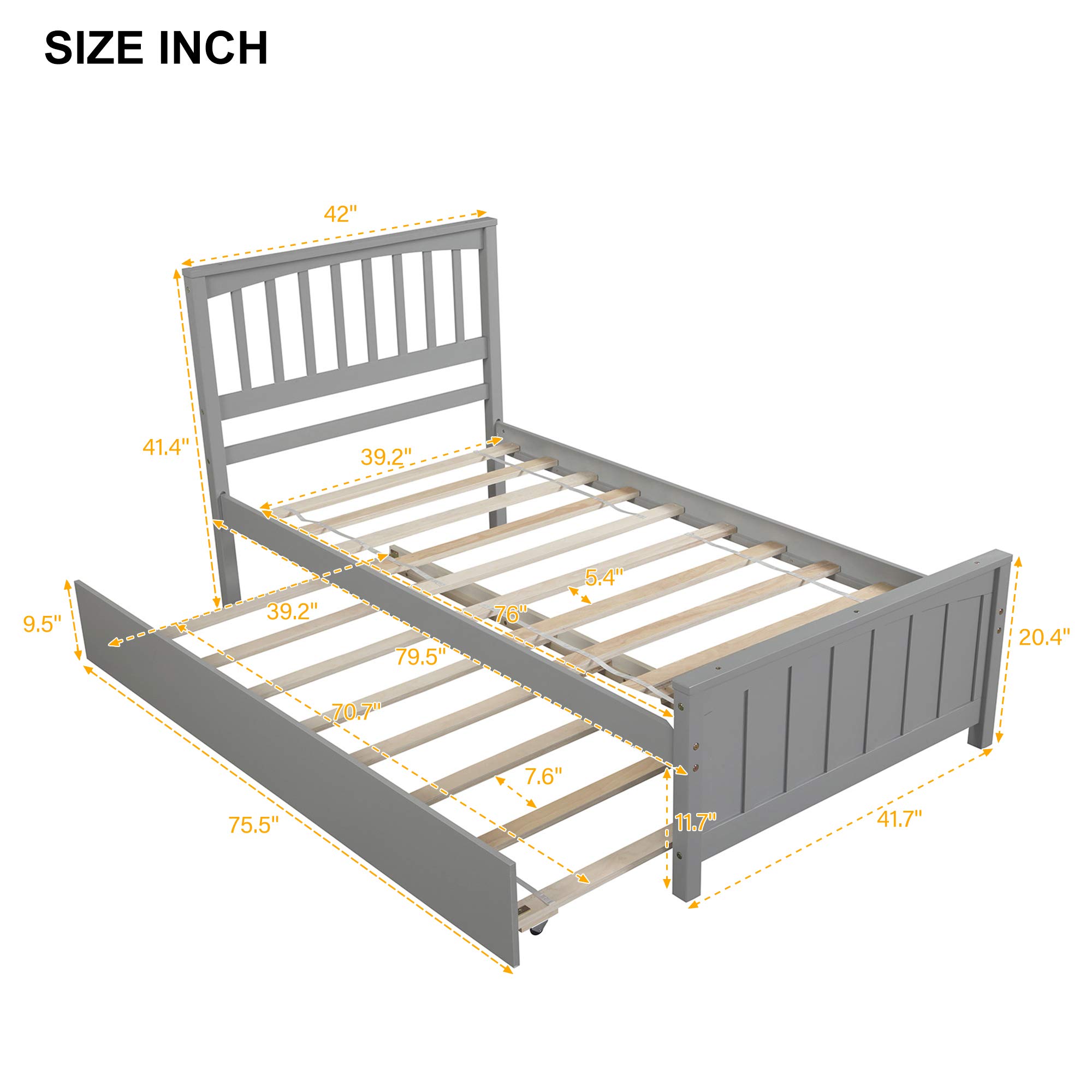 **Twin Size Solid Wood Platform Bed Frame with Trundle & Headboard - No Box Spring Needed - Grey - Perfect for Kids' Bedroom, Guest Room & Small Spaces**
