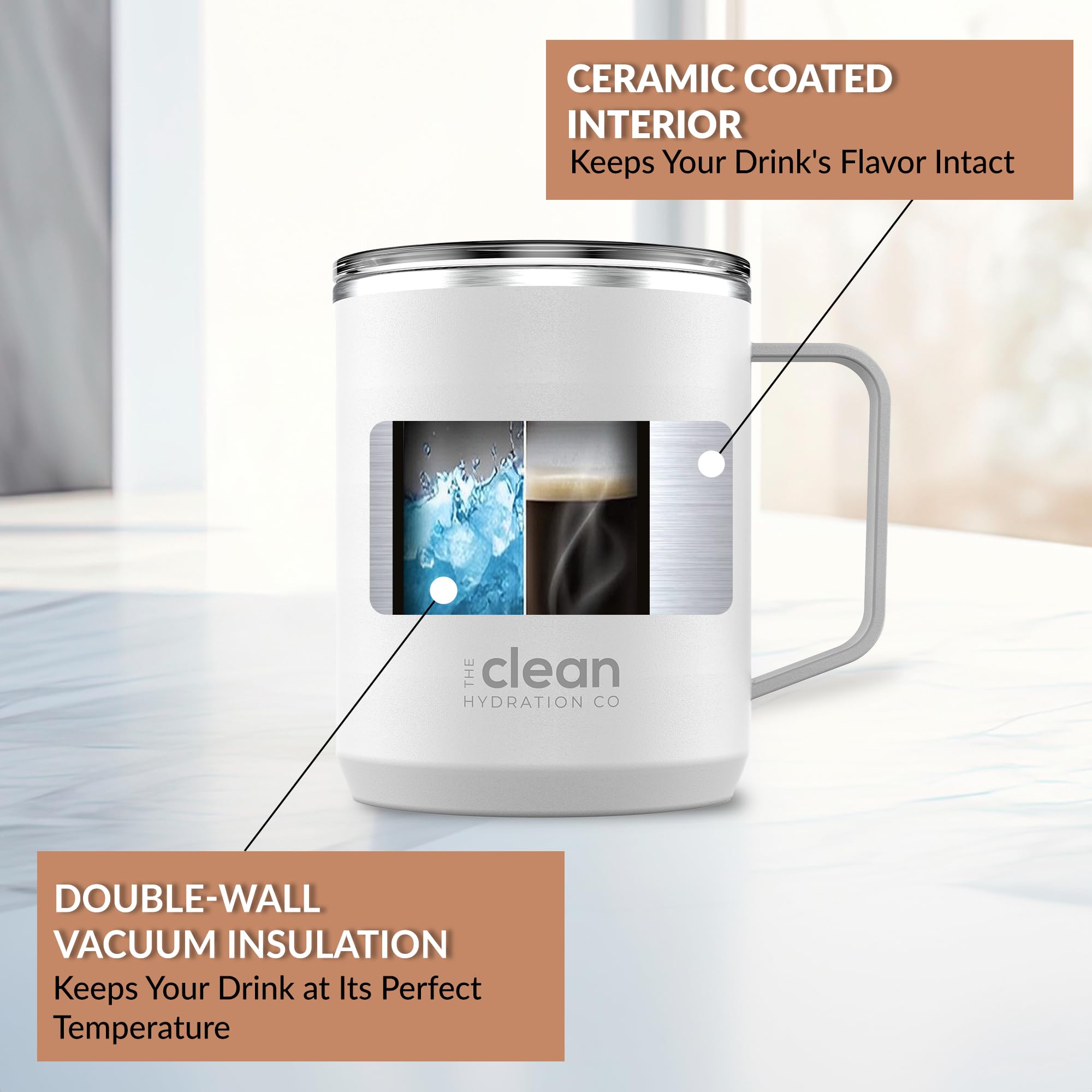 Premium Insulated Coffee Tumbler - 12oz Double Wall Vacuum Travel Mug with Ceramic Lining & Leak-Proof Lid - Keeps Hot/Cold for Hours - Perfect for Commuting, Office, Hiking & Outdoor Activities (White)