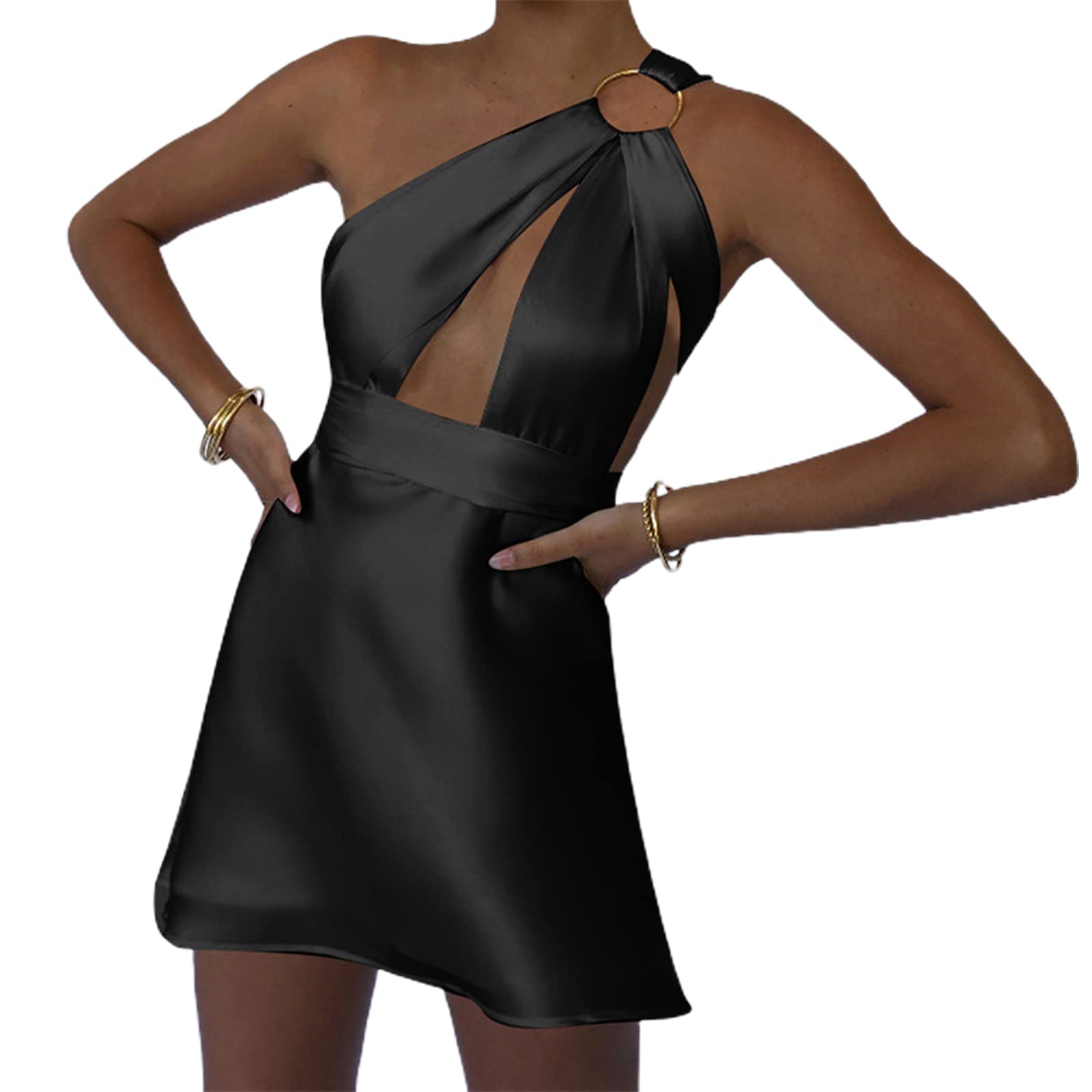 Sexy Y2K Halter Neck Mini Dress for Women - Sleeveless Backless Cut Out Ring Short Dress - Summer Beach Club Party Streetwear Outfit - Perfect for Night Out, Vacation & Festivals
