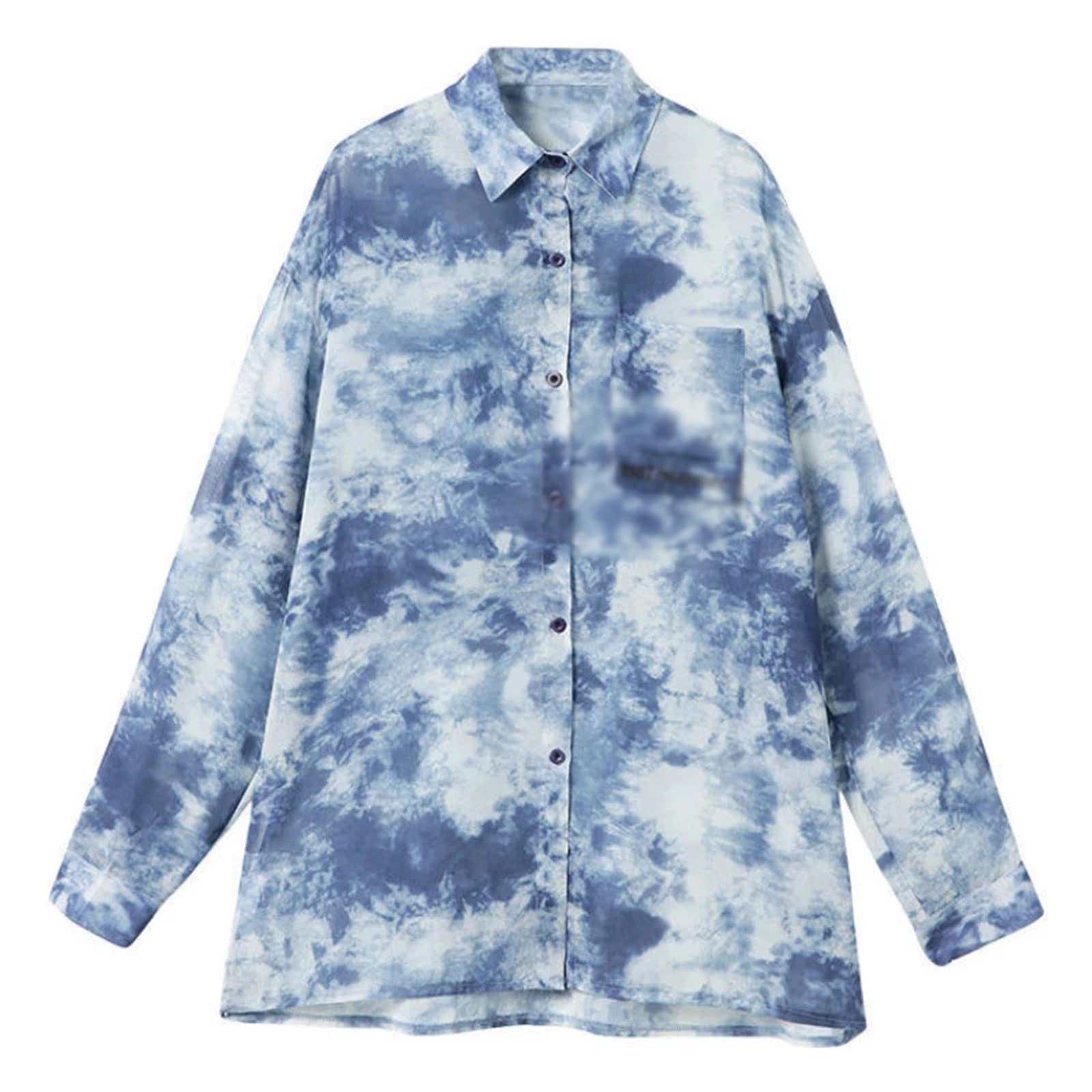 Women's Blue Tie-Dye Chiffon Blouse - Lightweight Sun Protection Shirt for Spring & Summer | Breathable Fashion Top for Beach, Vacation & Casual Wear (Color A, Size L)