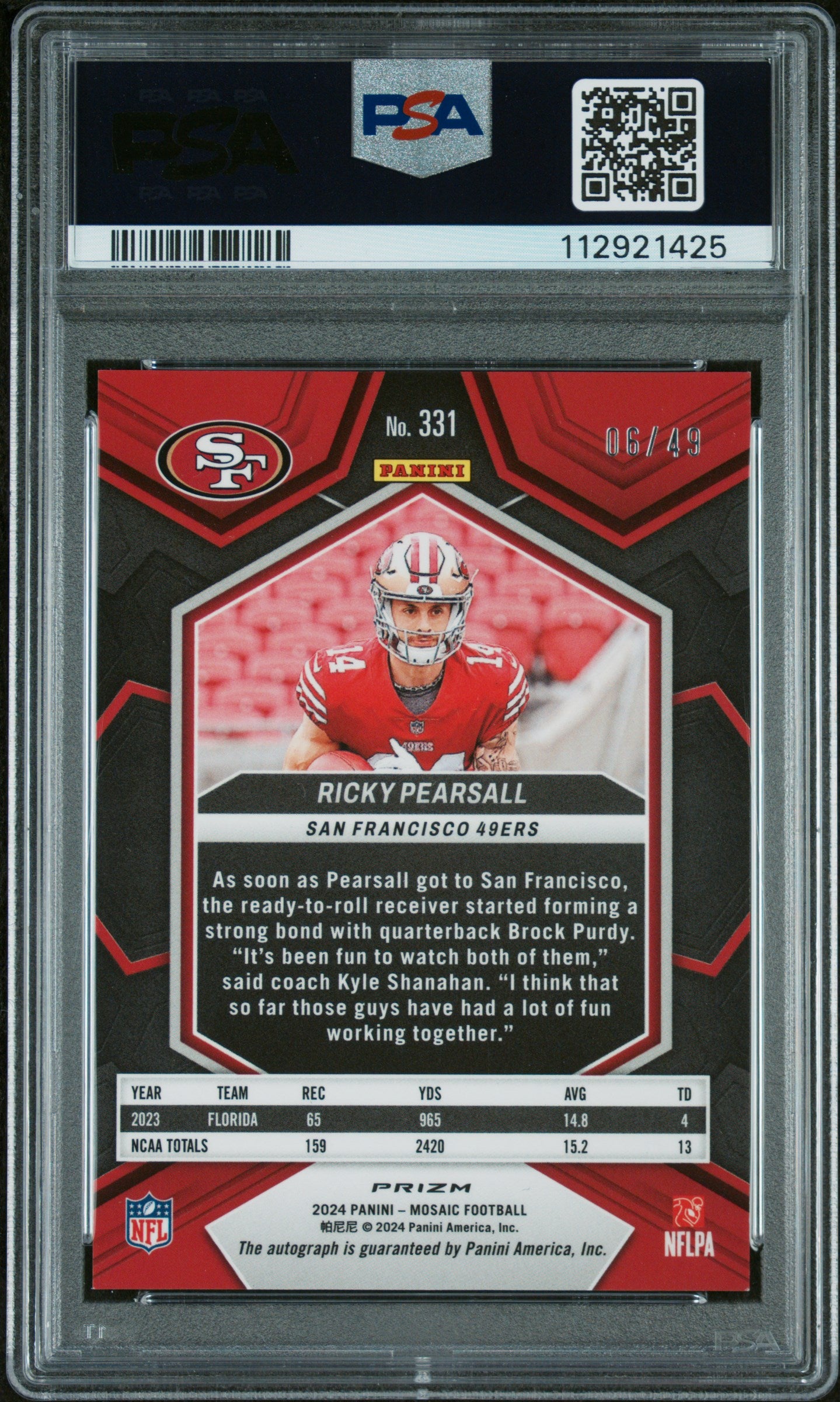 2024 Panini Mosaic Football Ricky Pearsall Rookie Card Autograph Purple PSA 9 /49 - Rare Collectible for Sports Memorabilia & Football Card Collectors