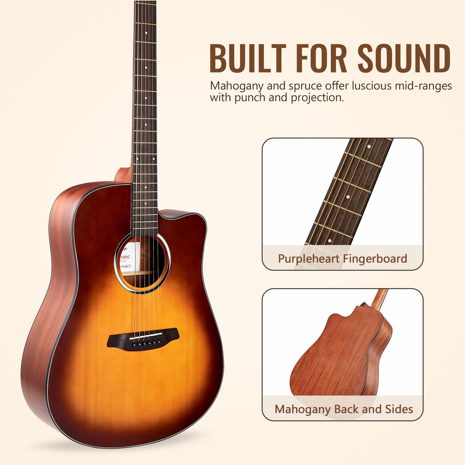 Senfot 41” Full-Size Dreadnought Acoustic Guitar Bundle for Beginners & Adults - Complete Starter Kit with Gig Bag, Tuner, Strings, Strap, Picks & Capos - Cutaway Folk Guitar Set in Sunburst Finish | Perfect for Learning, Practice, Performances & Gifts