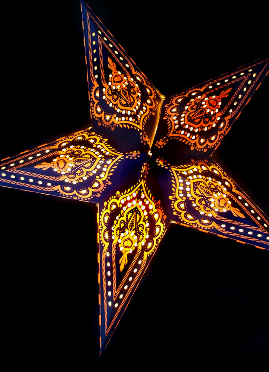 24 Pack Blue on Yellow Mehandi Paper Star Lanterns - Hanging Wedding, Party & Festival Decorations for Indoor/Outdoor Events