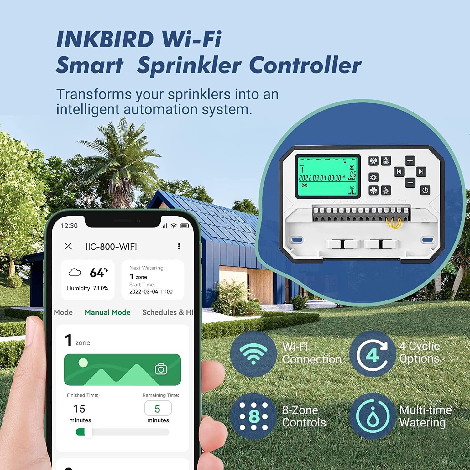 Smart 8-Zone WiFi Sprinkler Controller with IIC Technology - 800W for Efficient Lawn & Garden Irrigation | Perfect for Home, Yard & Landscaping Automation