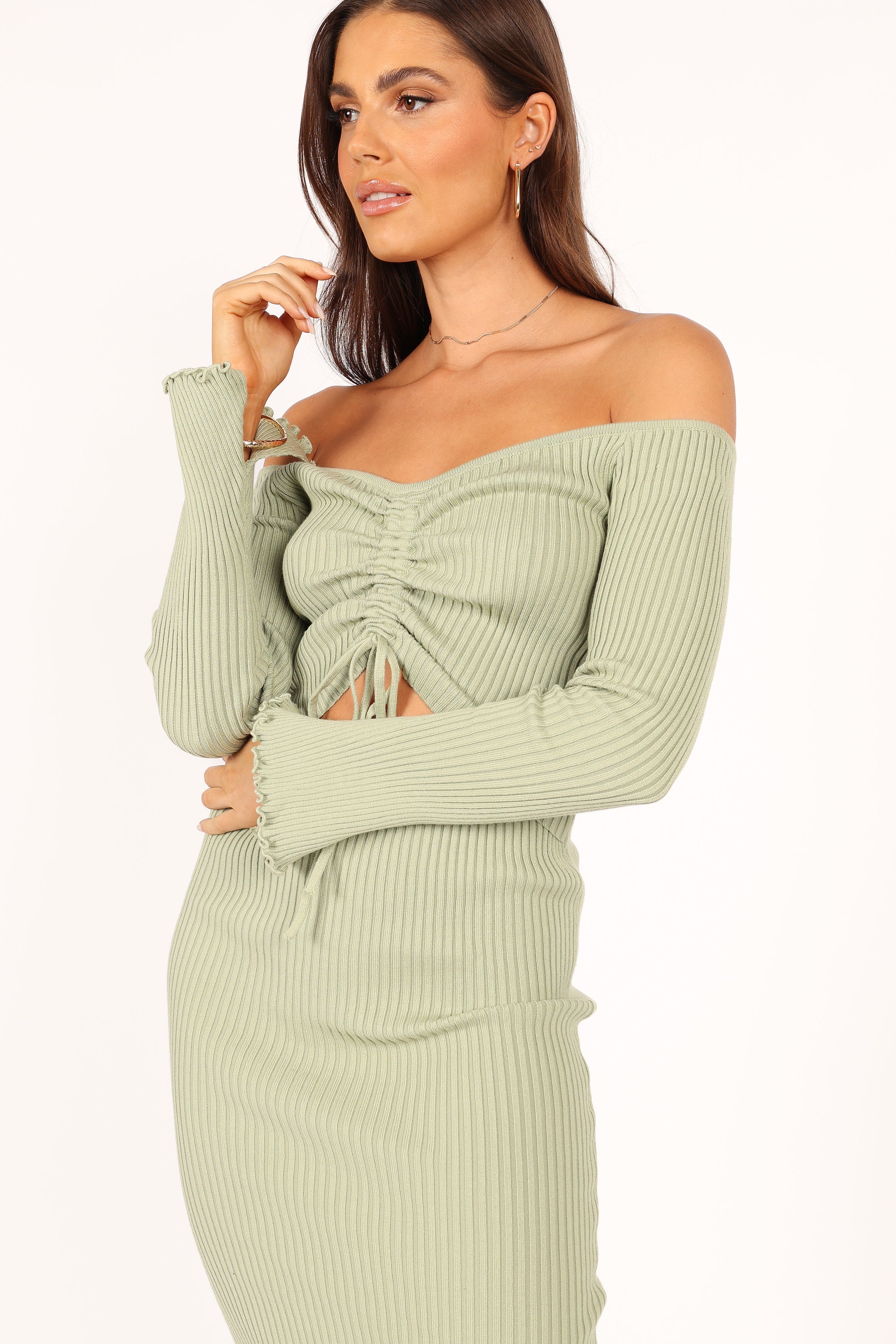 Geneva Off Shoulder Midi Dress in Sage Green - Flowy Summer Dress for Beach, Wedding & Date Night