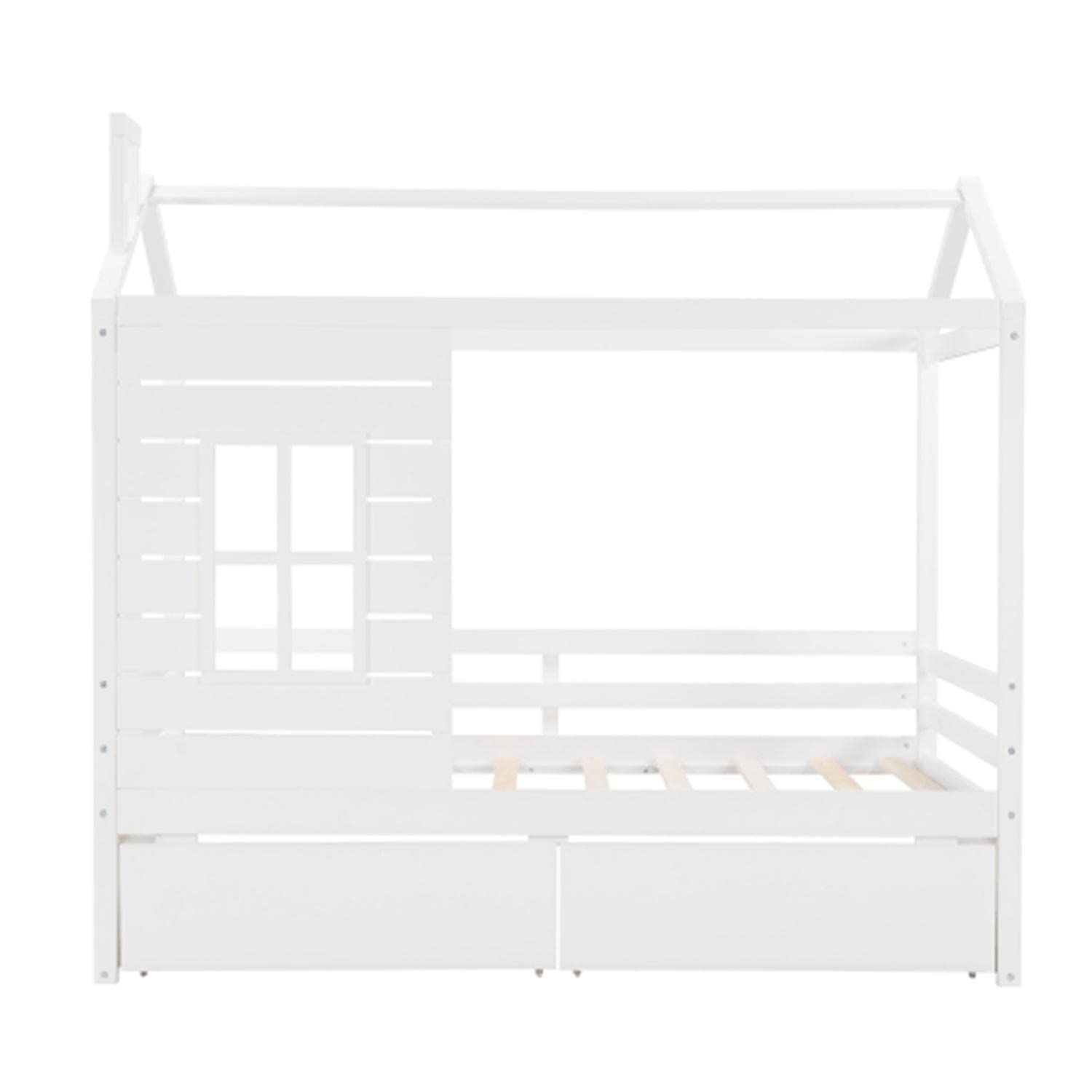 White Twin House Bed Frame with 2 Drawers & Windows - Sturdy Wood Slat Support - Perfect for Kids' Bedroom, Playroom or Cozy Reading Nook