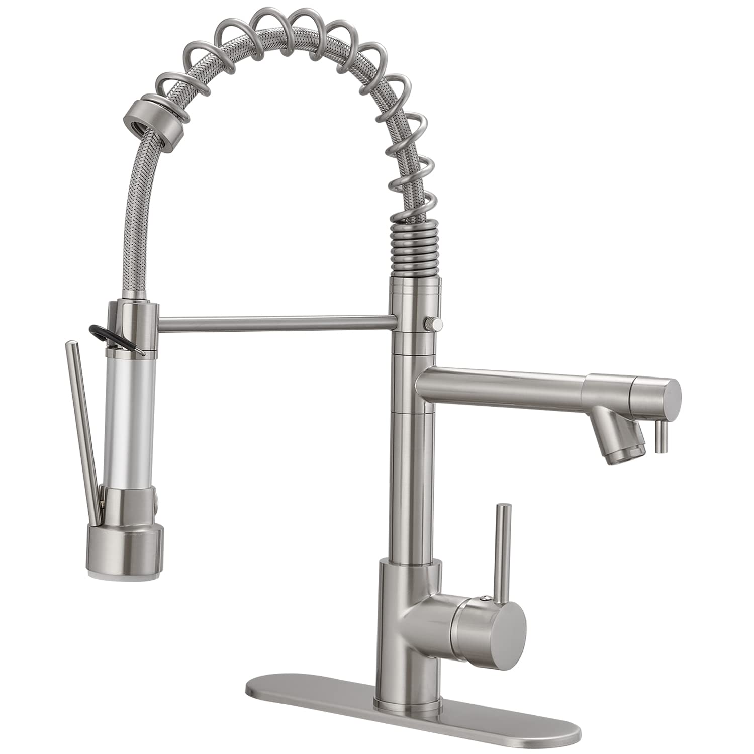 Brushed Nickel Single Handle Modern Kitchen Faucet with Pull Down Sprayer and Dual Spout - Commercial Grade Spring Faucet for Sink with Deck Plate - Perfect for Home Kitchen, Restaurant, and Commercial Use