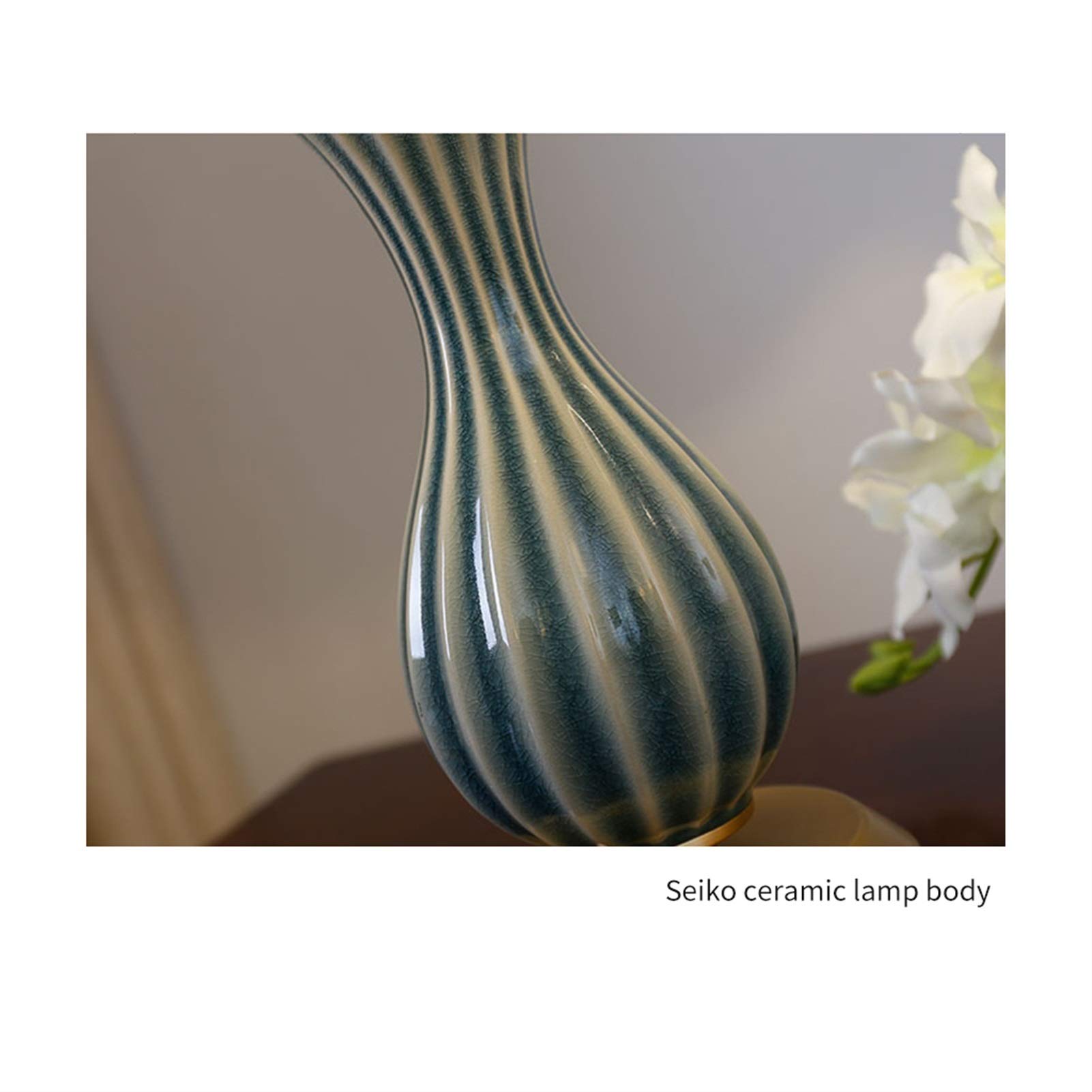 Ceramic Table Lamp with Copper Plating - Bedside Nightstand Lamp for Bedroom, Living Room & Study, E27 Socket with Fabric Lampshade, Decorative Striped Vase Design - Perfect for Reading, Relaxing & Ambient Lighting