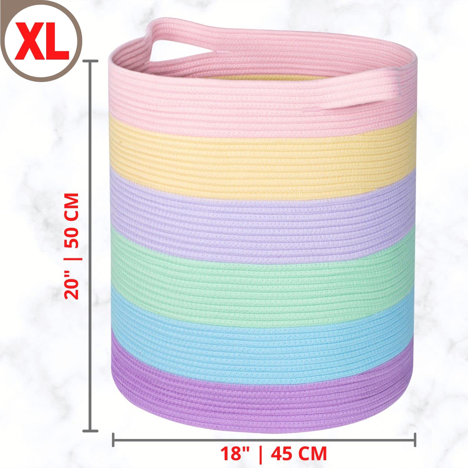MINTWOOD Extra Large 20x18 Inch Woven Cotton Rope Storage Basket - Pastel Rainbow Laundry Hamper, Blanket Organizer for Bedroom, Living Room & Nursery - Perfect for Towels, Pillows, Toys & Home Decor