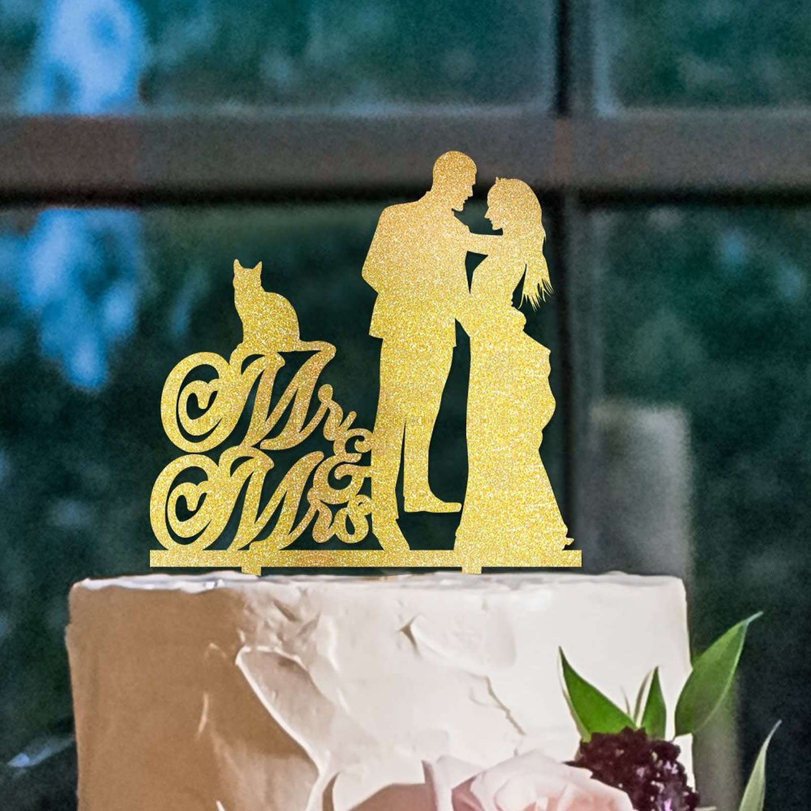Custom Gold Acrylic Wedding Cake Topper - Mr & Mrs Silhouette with Sphynx Cat & Yorkshire Terrier | Bride & Groom Cake Decor for Wedding, Anniversary & Special Occasions