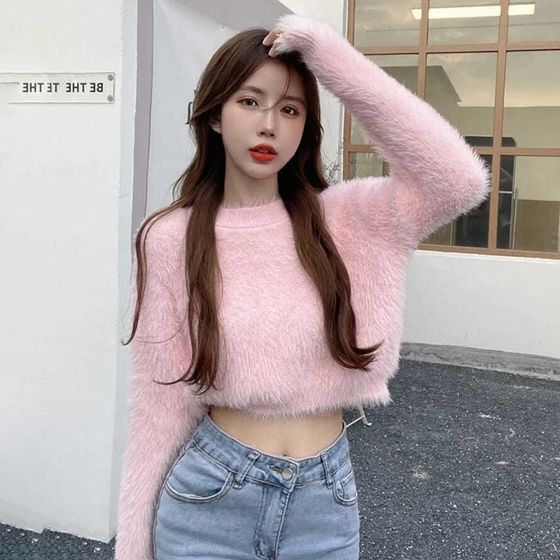 Women's Round Neck Long Sleeve Knitted Velvet Sweater - Soft Winter Pullover for Casual Outfits & Office Wear
