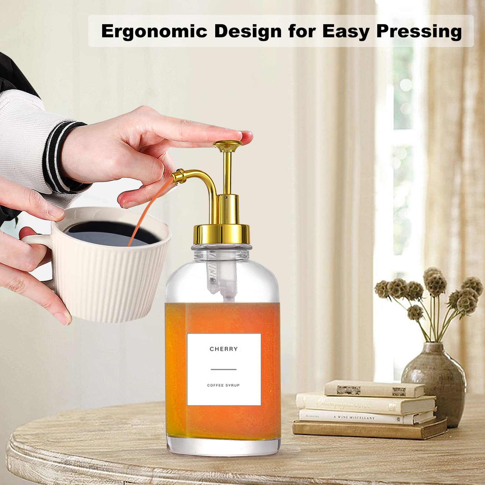 Premium Glass Coffee Syrup Dispenser Set - 16.9 oz (500ml) Minimalist Syrup Pump with Tray, Funnel & Stickers - Barista Accessories for Coffee Shops, Cafes & Home Brewing