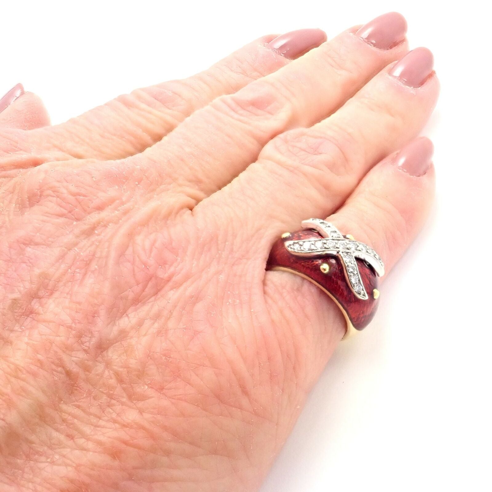 Authentic 18K Yellow Gold Red Enamel & Diamond Ring Size 5 - Elegant Hidalgo Jewelry for Weddings, Anniversaries & Special Occasions