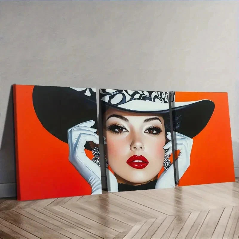 3-Piece Fashionable Woman in Black Hat Wall Art Set - Framed Canvas Prints 40x60cm - High Quality Australian Made Wall Decor - Perfect for Living Room, Bedroom & Office Decoration