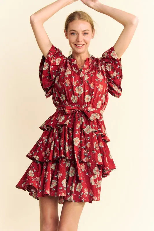 Red Floral Print Tie Waist Tiered Mini Dress for Women - Perfect for Summer Parties, Date Nights & Beach Vacations