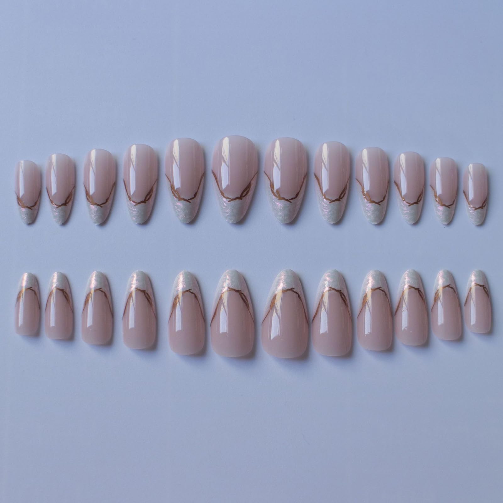 MISUD 24pcs Almond Press on Nails - Chrome Bling Aurora French Tip Fake Nails with Gold Swirl & Pearl Flash Design for Women | Perfect for Parties, Weddings, and Special Occasions