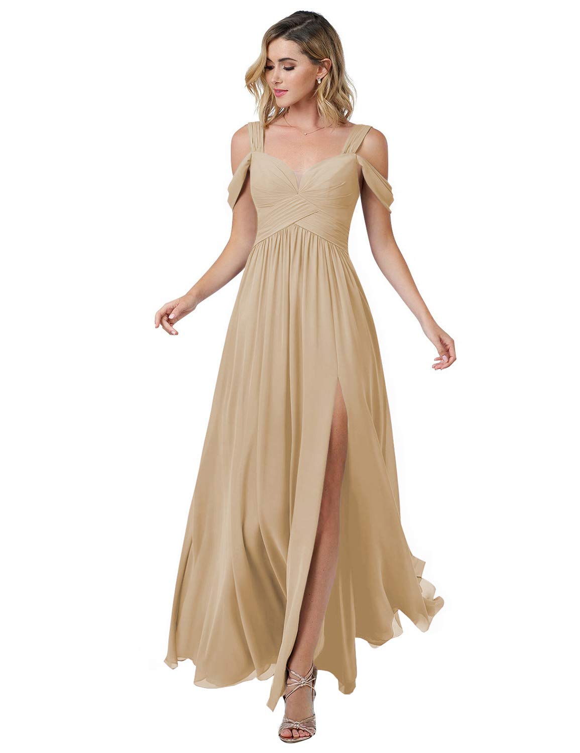 Elegant Off Shoulder Bridesmaid Dresses for Women - A-Line Formal Gown with Long Slit, Champagne Color, Size 2 | Perfect for Weddings, Proms & Special Occasions