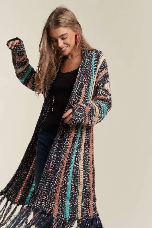 Stylish ADORA Multi-Color Long Fringe Cardigan Sweater for Women | Cozy Fall & Winter Layering | Perfect for Office, Casual Outings & Date Nights