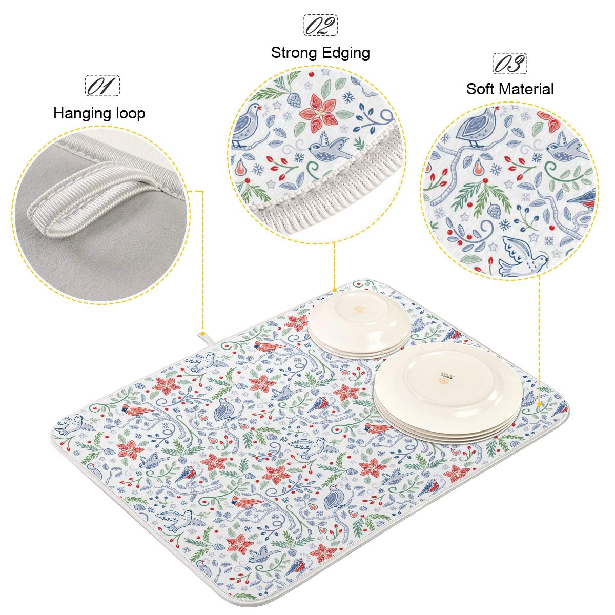 Reversible Microfiber Dish Drainer Mat 16x18in - Floral Birds Kitchen Drying Mat for Sinks & Countertops