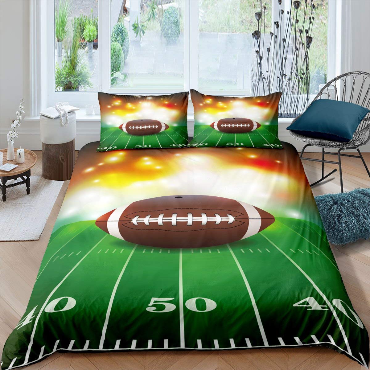 Football Duvet Cover Set for Kids & Teens - Green Rugby Field Design, Sports Theme Bedroom Decor, 3-Piece Full Size Comforter Cover with Ball Exercise Motif | Perfect for Boys' Room, Game Day Decor, and Sports Enthusiasts