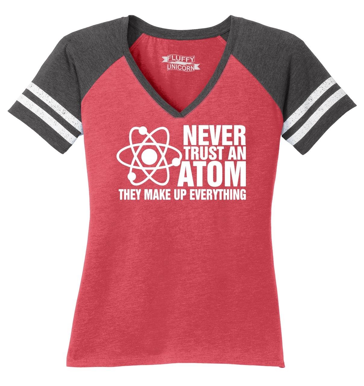 Funny Science Humor T-Shirt for Women - 'Never Trust an Atom They Make Up Everything' V-Neck Tee - Perfect for Casual Wear, Science Lovers & Gift Giving