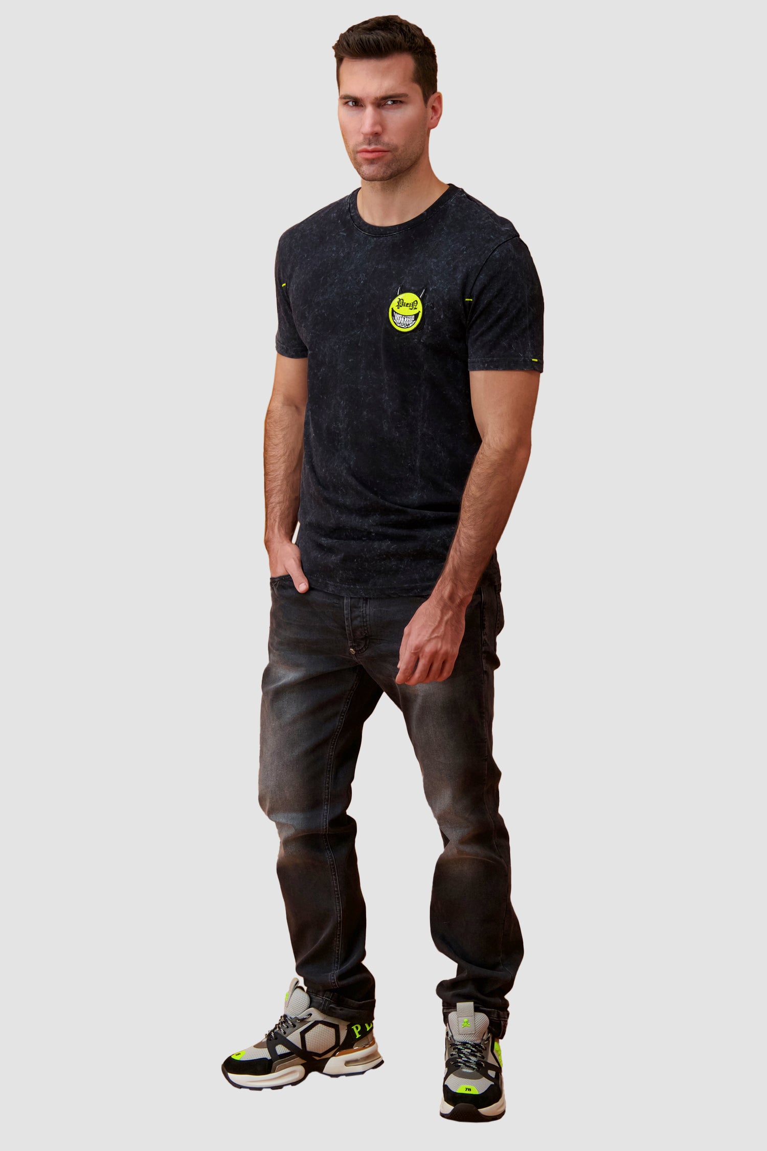 Philipp Plein Black Round Neck Short Sleeve Evil Smile Graphic T-Shirt for Men - Casual Streetwear & Party Outfit