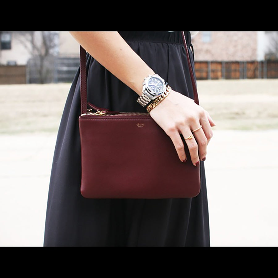 Celine Small Burgundy Leather Trio Crossbody Bag for Women | Luxury Designer Handbag | Perfect for Date Night, Travel & Everyday Use