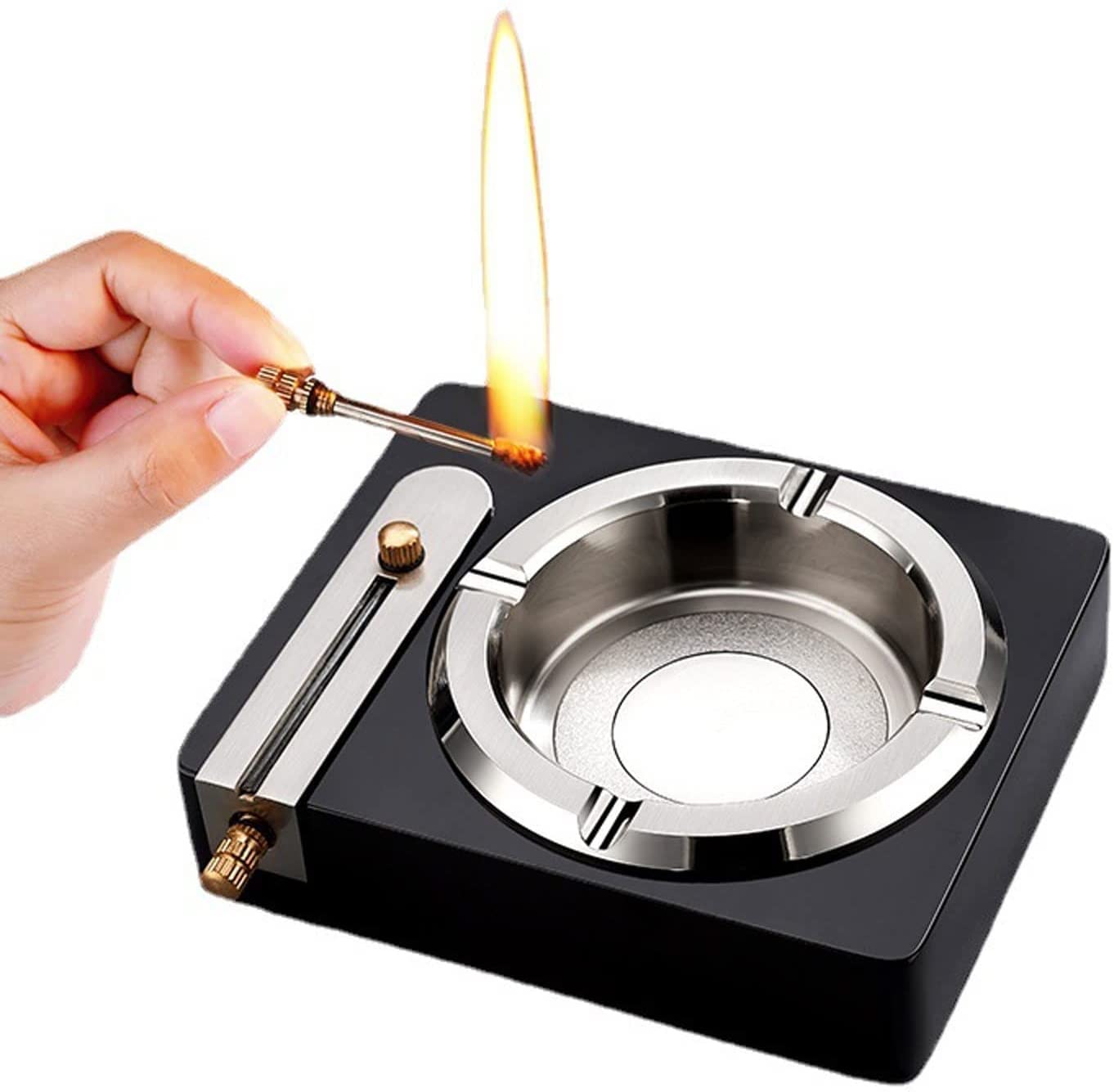 Premium Solid Wood & Zinc Alloy Ashtray - Elegant Home, Office & Outdoor Cigarette Tray with Kerosene Lighter | Luxury Business Gift for Men, Smoking Accessories for Patio, Desk & Travel Use