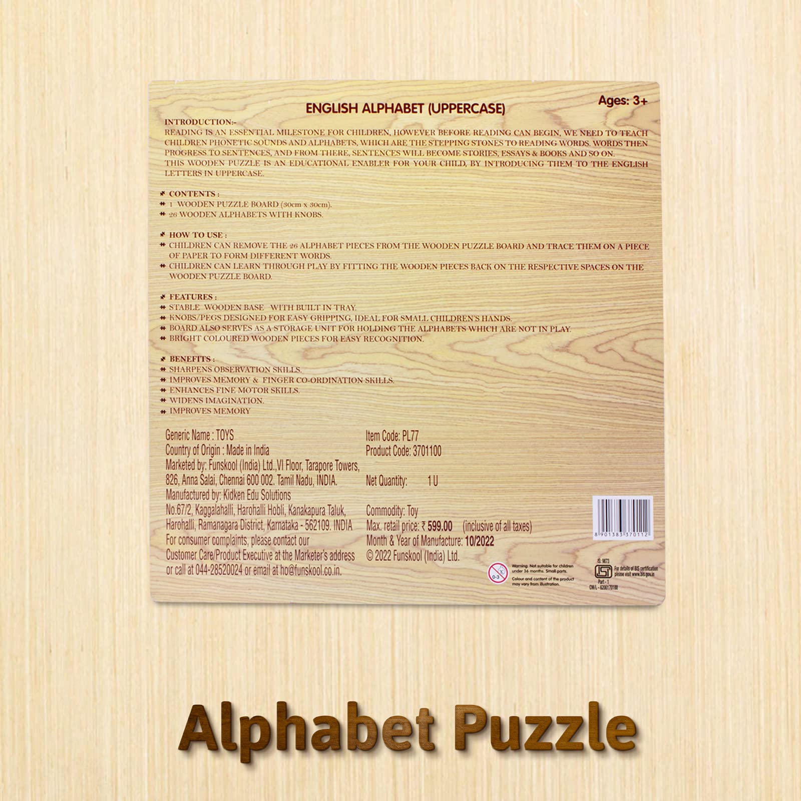 Funskool ABC Wooden Puzzle - 26 Piece Educational Wooden Alphabet Puzzle for Kids Ages 3+ - Learning Toy for Preschool & Kindergarten - Perfect for Early Childhood Education & Home Schooling Activities