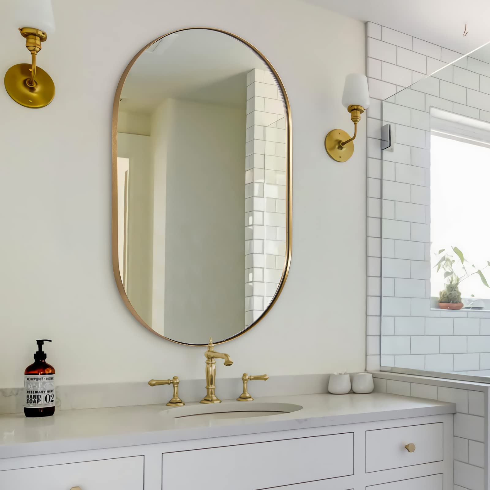 ANDY STAR 26x38 Inch Gold Oval Mirror for Bathroom - Elegant Brass Pill-Shaped Wall Mirror with 1’’ Deep Stainless Steel Frame - Perfect for Bathroom Vanity, Bedroom Decor & Entryway Makeup Area