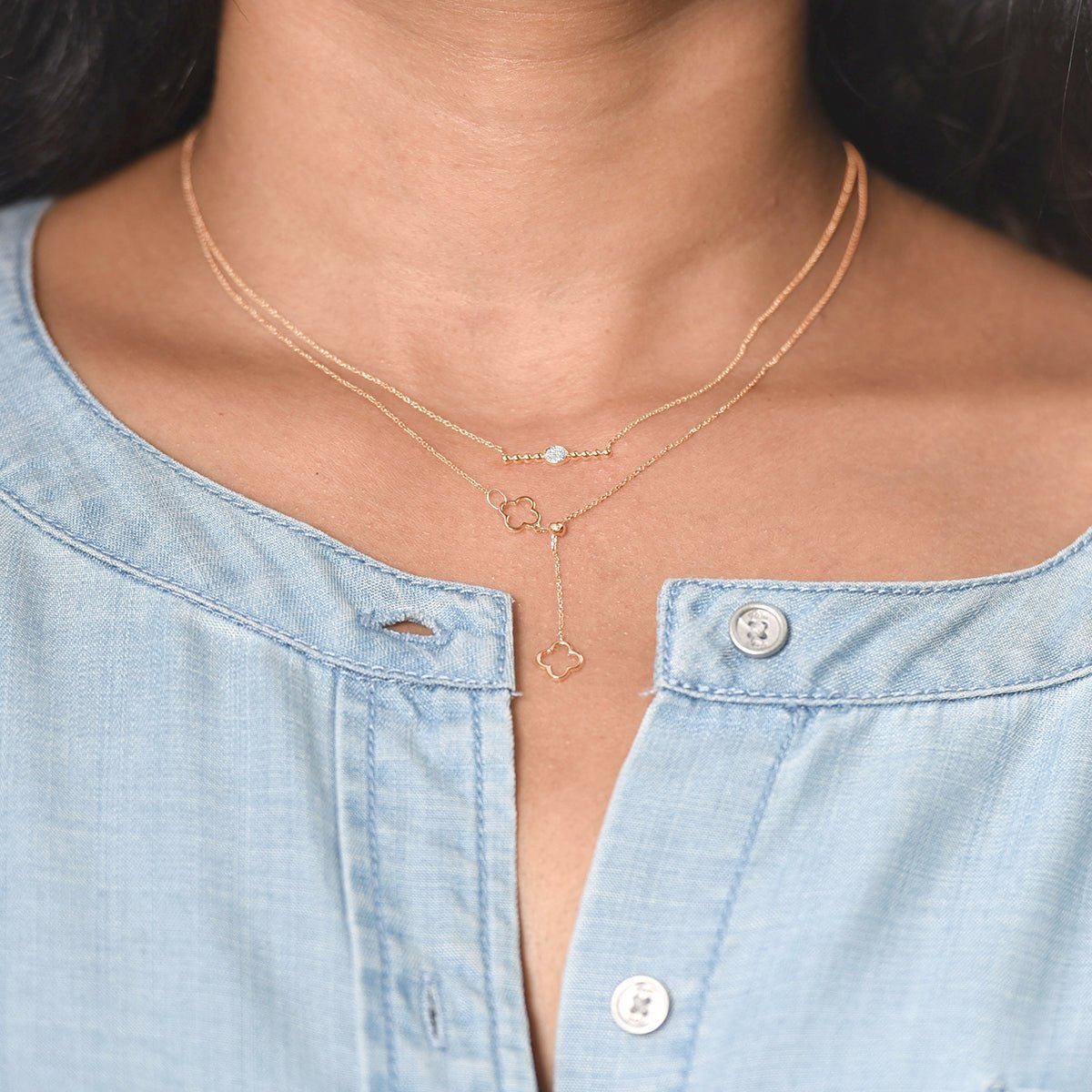14K Rose Gold Diamond Clover Lariat Bolo Necklace - Elegant Adjustable Chain for Women | Perfect for Weddings, Date Nights & Special Occasions