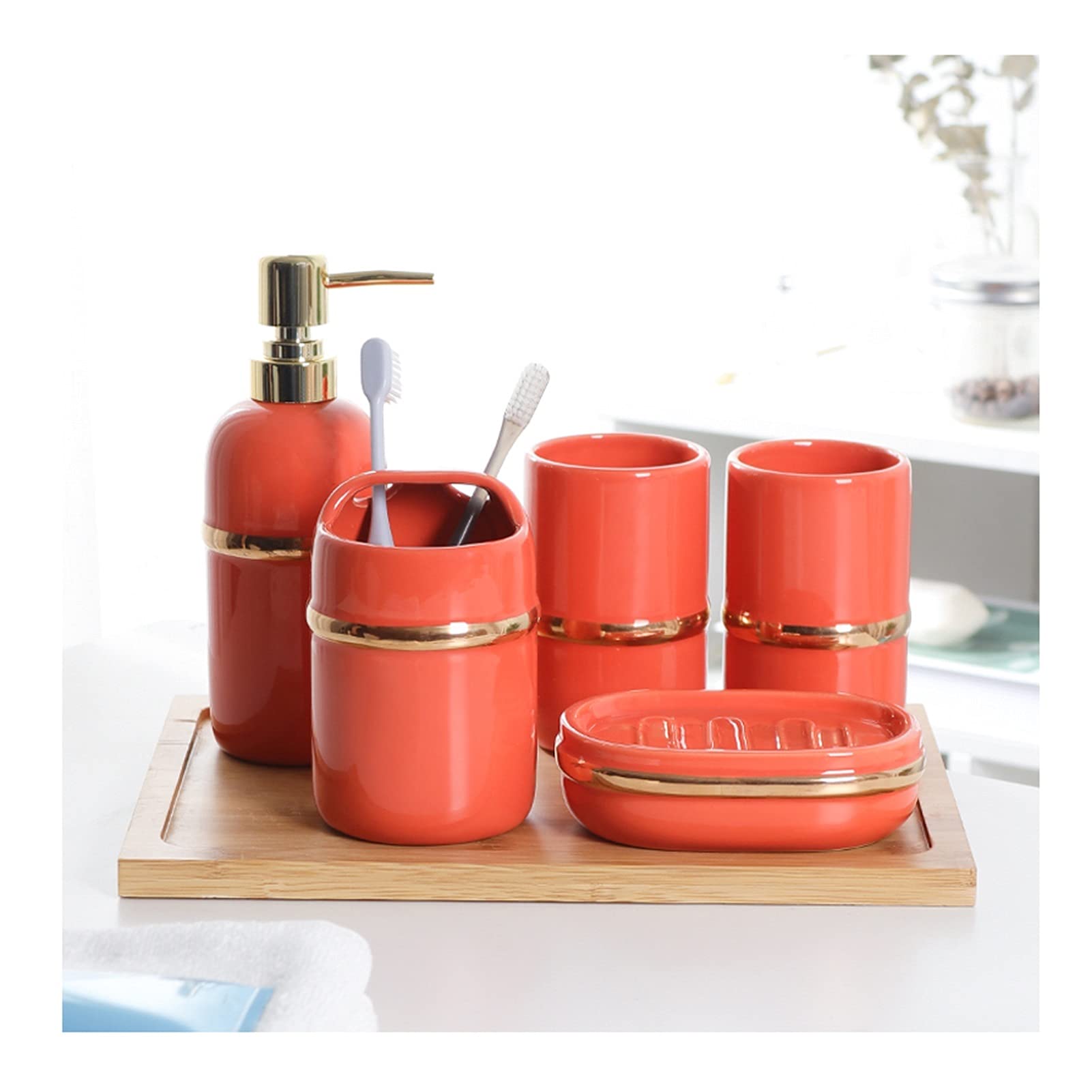Luckxuan 6-Piece Ceramic Bathroom Set - Soap Dispenser, Lotion Bottle, Mouthwash Cup, Toothbrush Holder, Soap Dish & Tray | Farmhouse Style Toiletries Organizer (Orange) - Perfect for Bathroom Countertop Organization & Farmhouse Decor