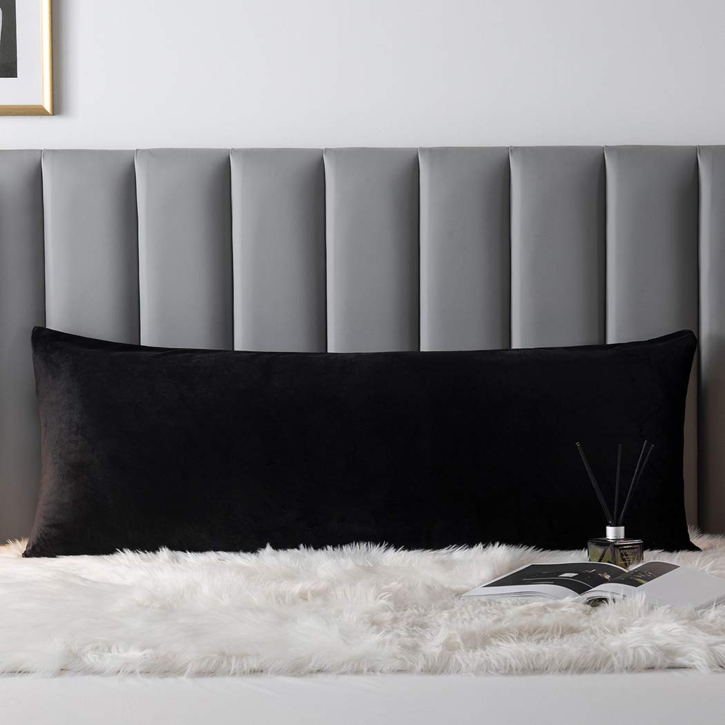 Velvet Body Pillow Cover with Zipper - Soft & Cozy Flannel Pillowcase 20x54 Inches - Black (1-Piece) for Bed, Sofa, Travel & Home Decor