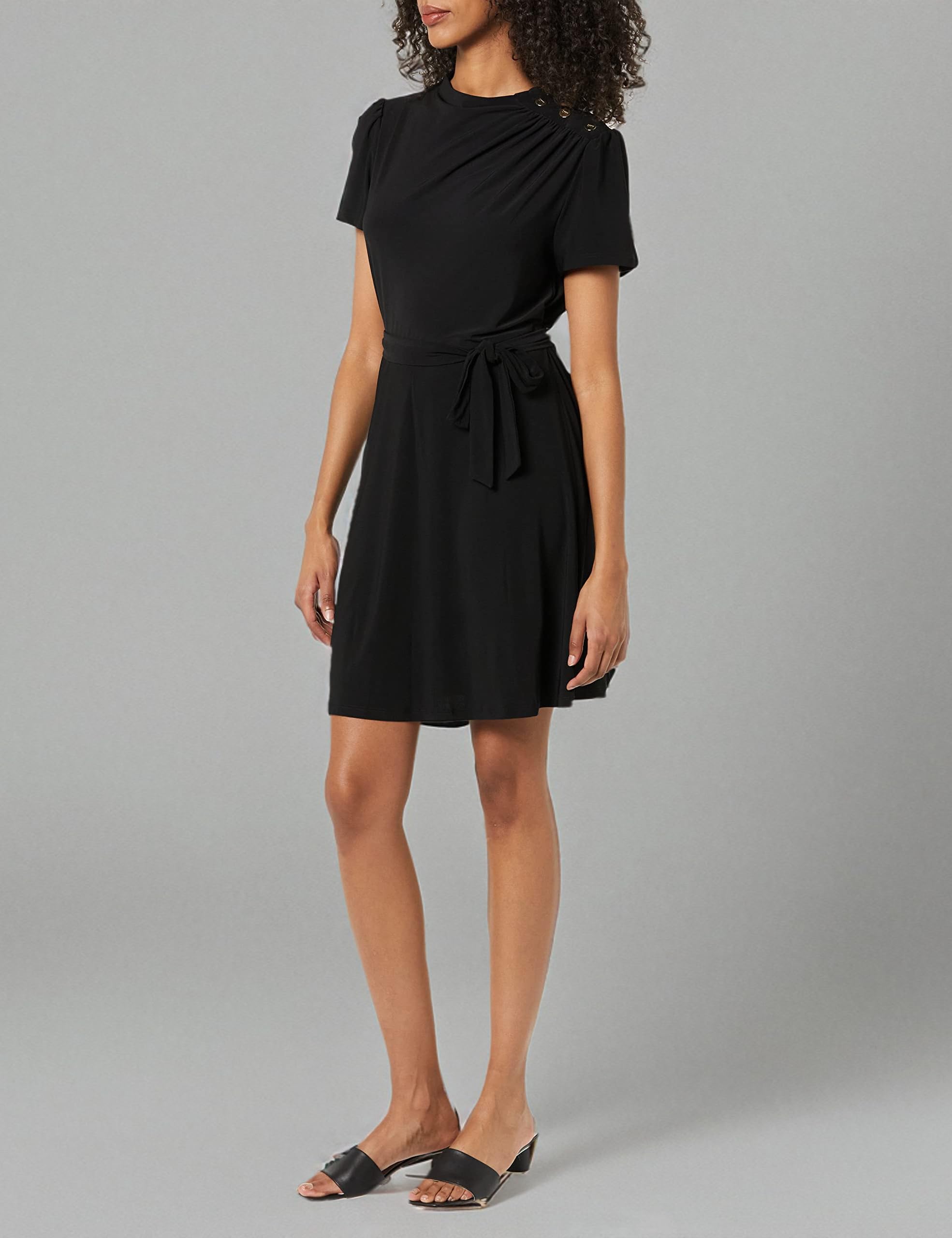 DKNY Women's Short Sleeve Funnel Neck Belted Fit and Flare Dress - Elegant Office Wear & Cocktail Party Outfit