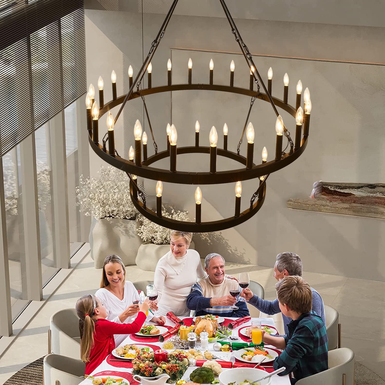 48 Inch Large Black Wagon Wheel Chandelier - 2 Tier 36-Lights Farmhouse Industrial Country Style Round Pendant Light Fixture for Dining Room Kitchen | Rustic Ceiling Lighting for Farmhouse, Barn, Restaurant & Cabin Decor