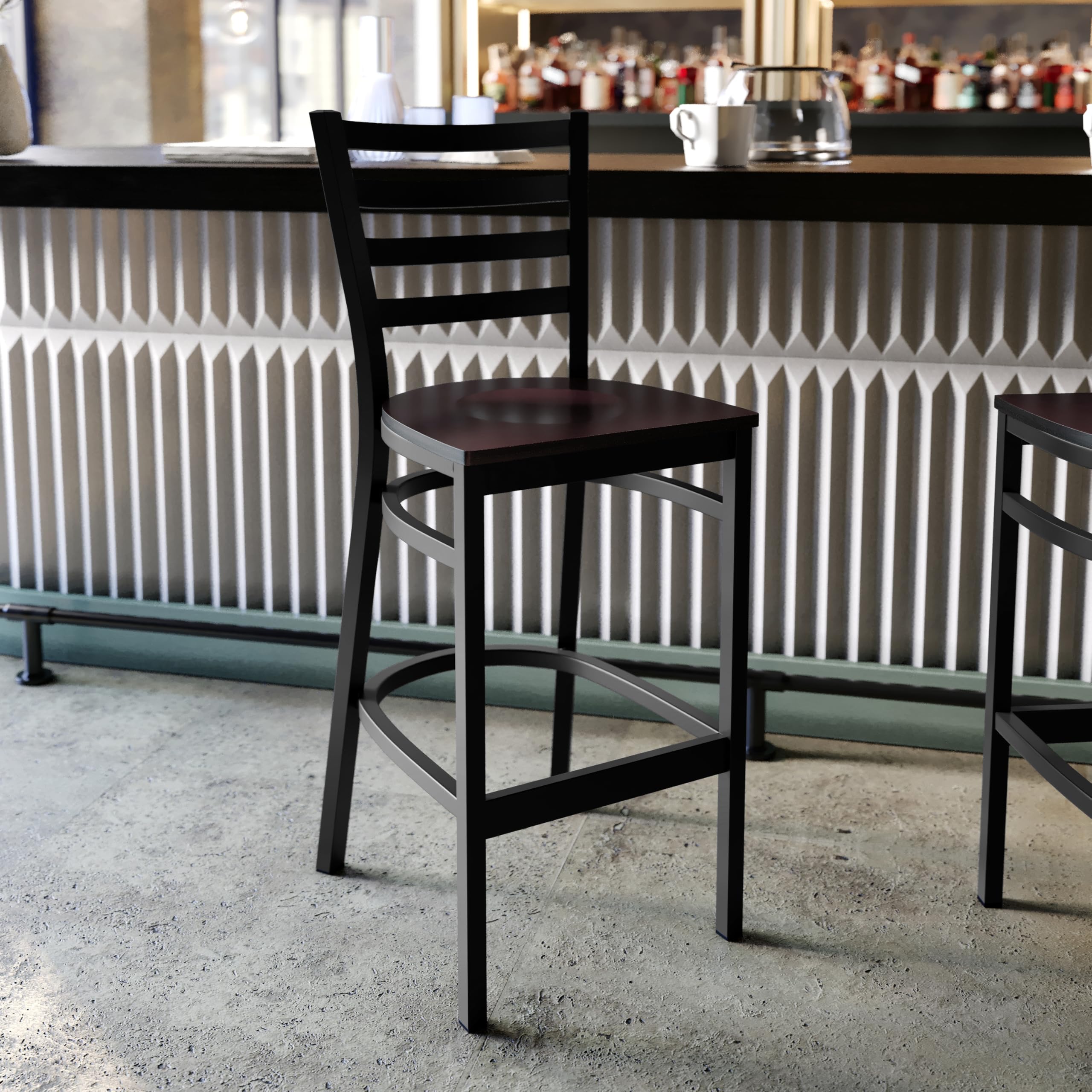 Black Metal Bar Stool with Walnut Wood Seat - Adjustable Height Ladder Back Design for Kitchen Counter, Restaurant & Home Bar - Heavy Duty Commercial Use