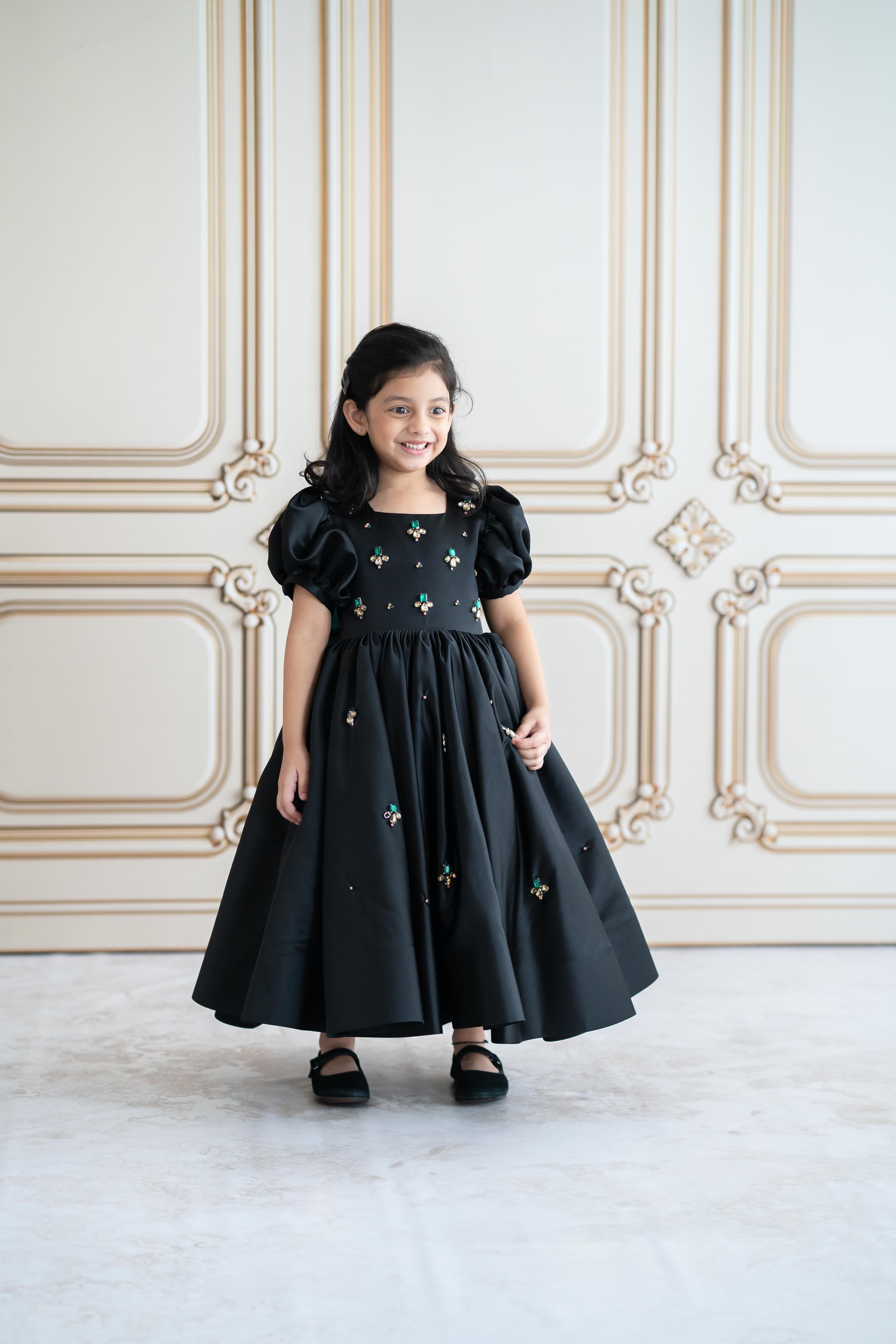 Pre Order: Elegant Black Satin Evening Gown with Crystal Stone Embroidery - Ankle Length Formal Dress for Prom, Wedding & Special Occasions