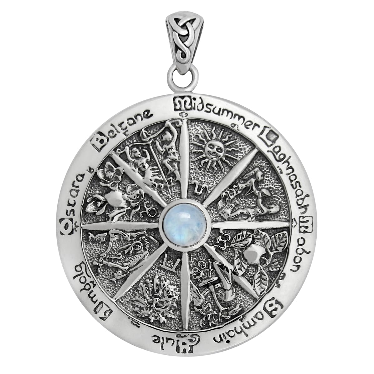 Dryad Design Wheel of the Year Pendant - Pagan Rainbow Moonstone Necklace - Wiccan Yule Gift for Men & Women - 1.75