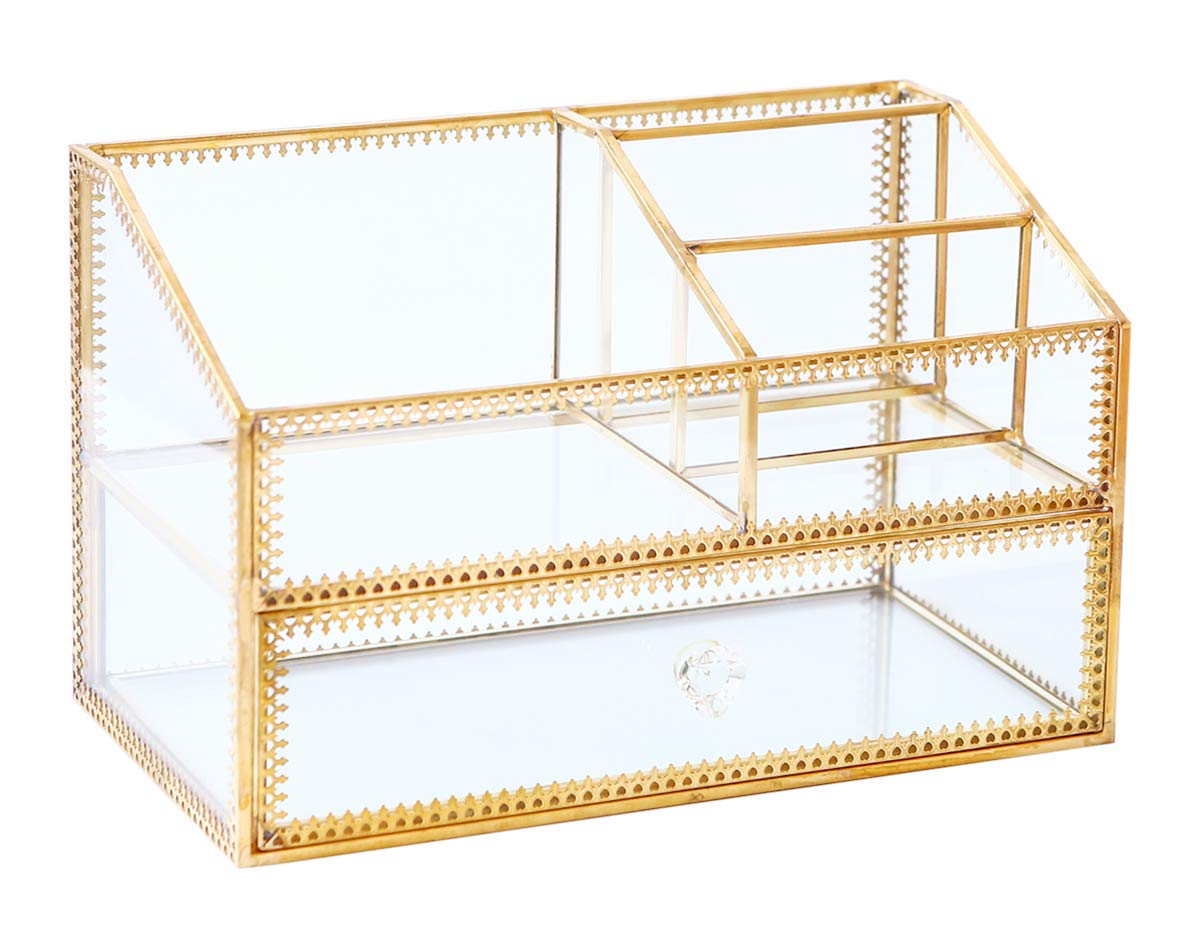 Golden Glass Vanity Tray - Elegant Makeup Organizer for Cosmetics, Lipsticks, Brushes & Skincare | Perfect for Dresser, Bathroom & Vanity Table Display