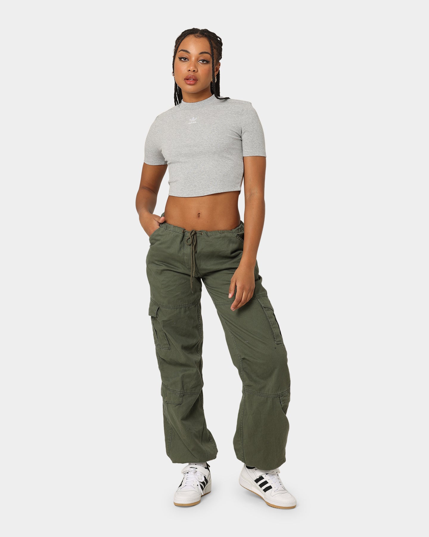 Adidas Women's Adicolor Essentials Rib Cropped T-Shirt - Medium Grey Heather - Casual Workout & Streetwear Fashion Top for Gym, Running & Everyday Wear