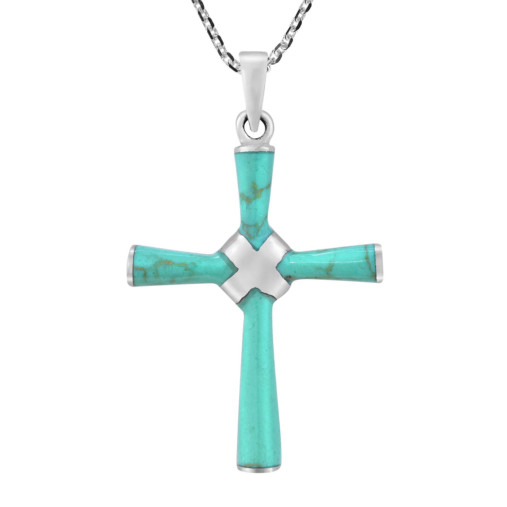 Green Cross Necklace for Women - .925 Sterling Silver with Turquoise & Pearl | 18