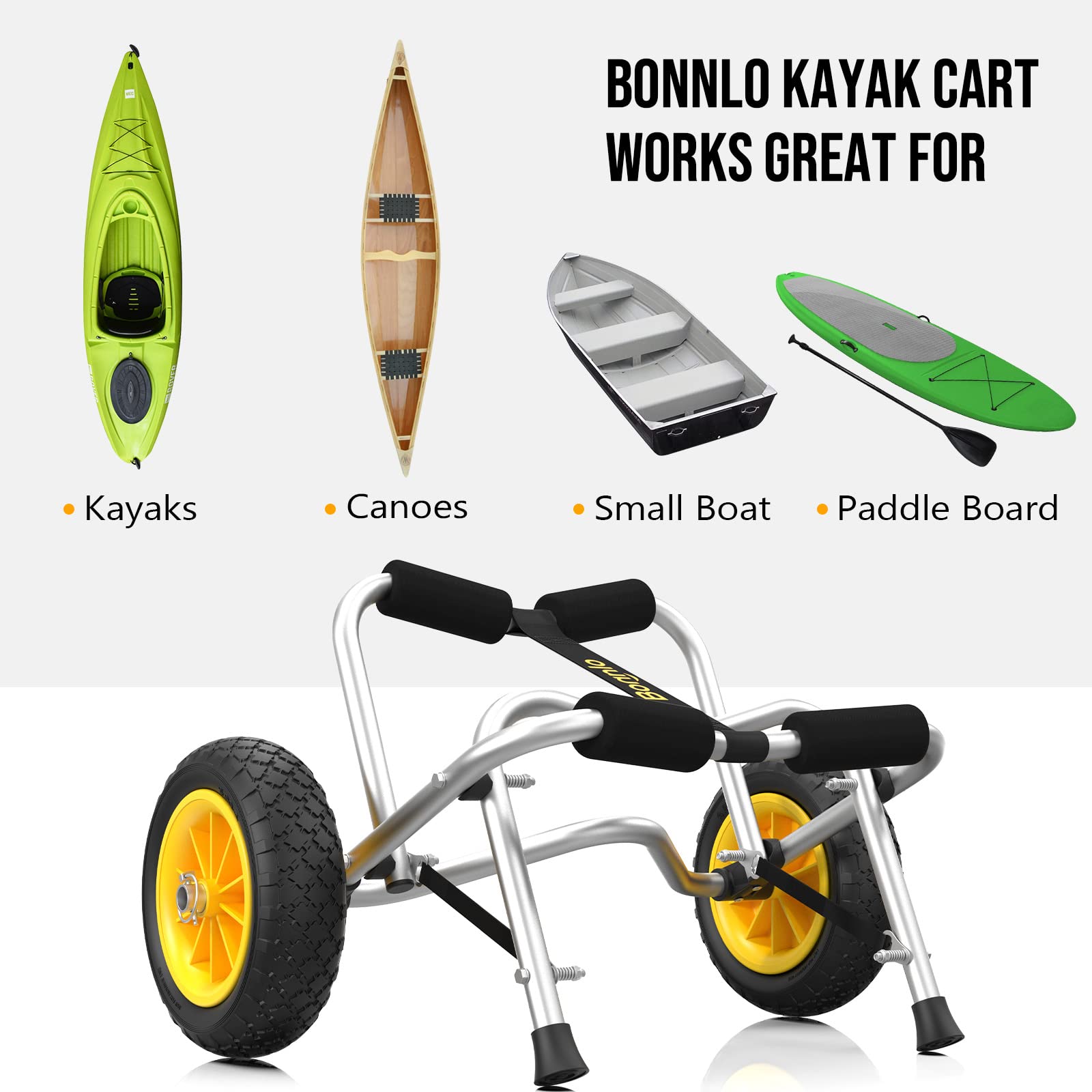 Bonnlo Foldable Kayak Cart with Airless Tires - Heavy Duty Canoe Dolly for Fishing Kayaks, Paddle Boards & Boat Transport - Includes 2 Ratchet Straps (Perfect for Beach, Lake & Outdoor Water Sports)