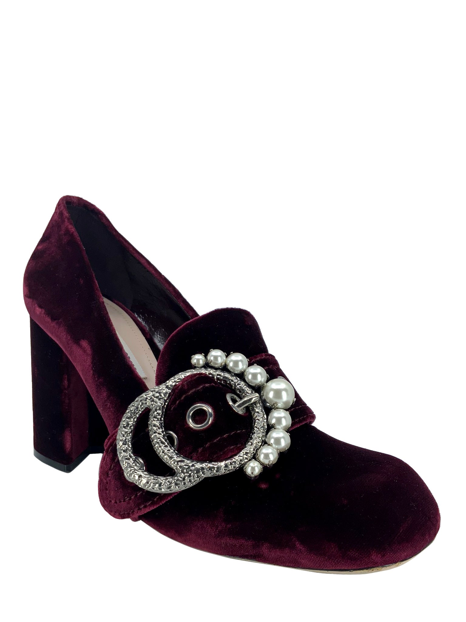 MIU MIU Women's Pearly Buckle Velvet Pumps - Size 9 US | Elegant Dress Shoes for Parties, Weddings & Evening Events