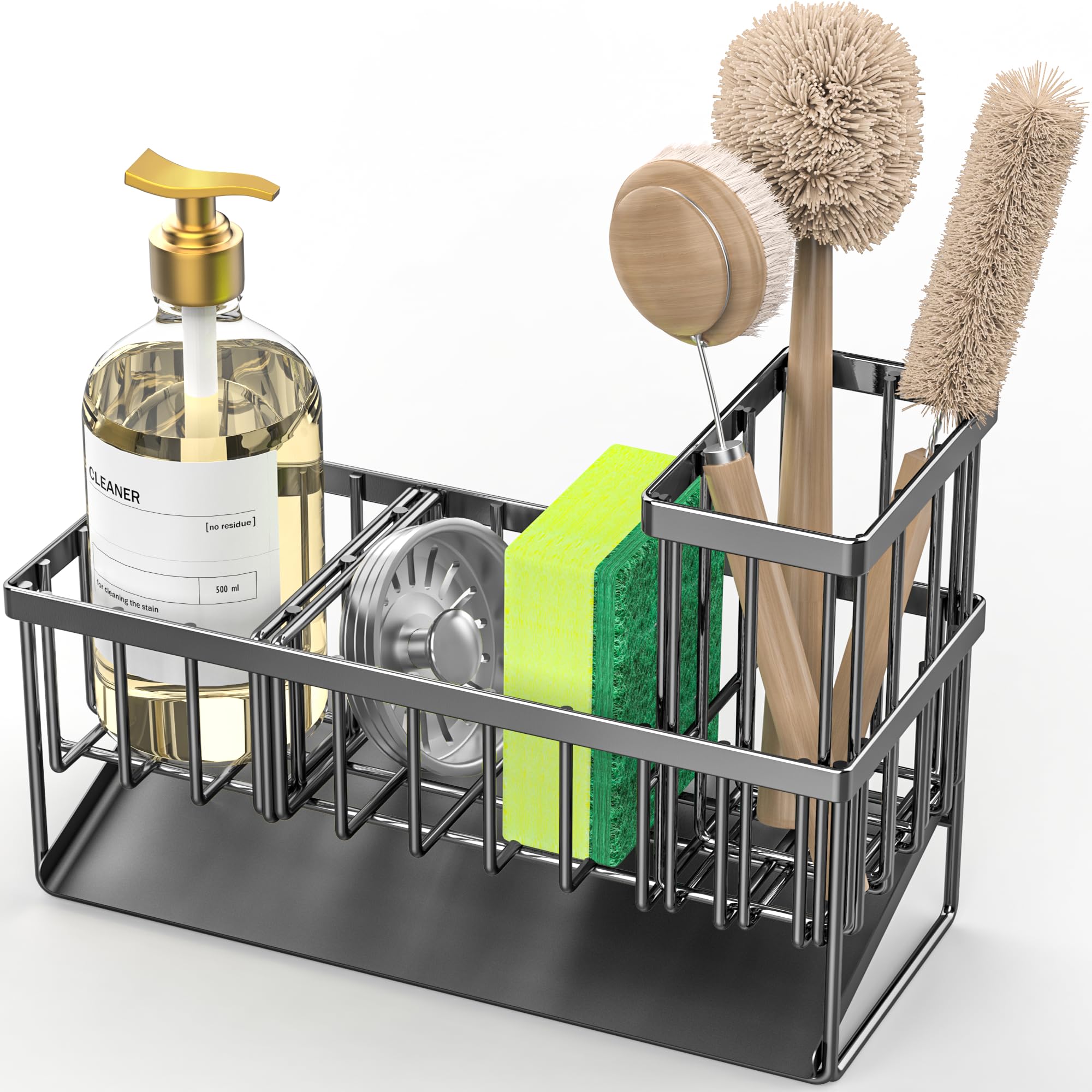 Cisily Stainless Steel Kitchen Sink Organizer with Brush & Sponge Holder, 304 Rustproof Countertop Soap Dispenser, Space-Saving Kitchen Decor for Modern Homes, Perfect for Small Kitchens and Apartment Living