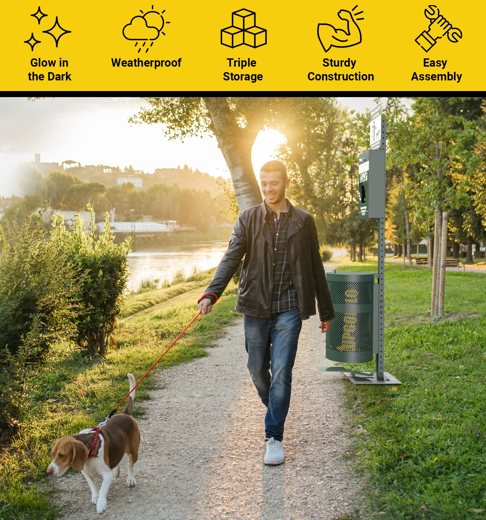 Dog Waste Station with Foot Pedal - 400 Poop Bags, 50 Trash Can Liners, Glow-in-the-Dark Sign & Hand Sanitizer - Outdoor Pet Waste Disposal System for Parks, Yards & Neighborhoods